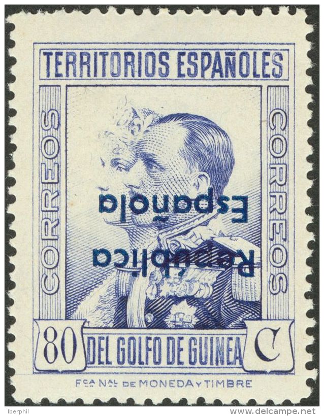 * 230/32hi, 240hcc 1932. Guinea. 1 Cts Verde, 2 Cts Casta&ntilde;o, 5 Cts Casta&ntilde;o Y 80 Cts Azul. SOBRECARGA INVER - Spanish Guinea