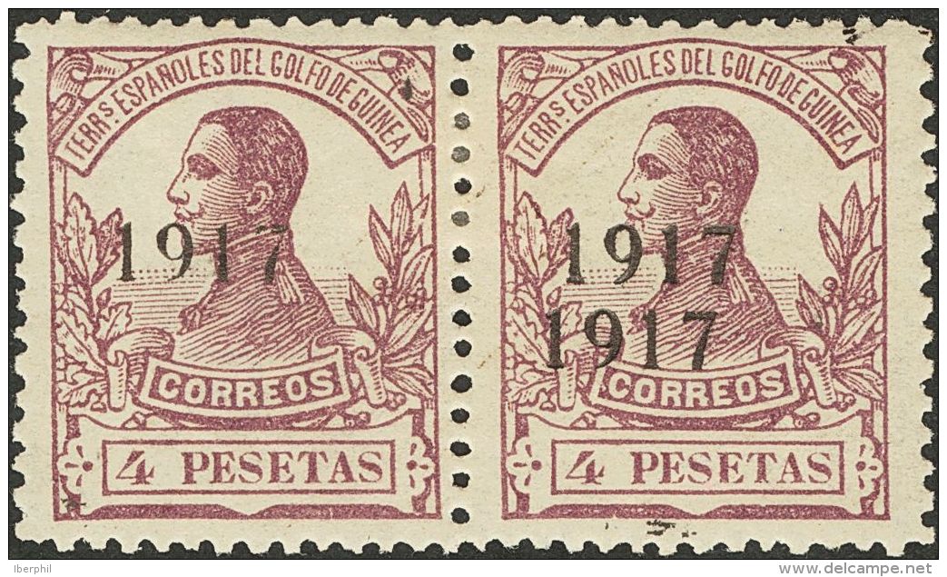 * 122hz 1917. Guinea. 4 Pts Malva, Pareja. UN SELLO DOBLE SOBRECARGA. MAGNIFICA Y RARA. (Edifil 2012: 400&euro;) - Guinée Espagnole