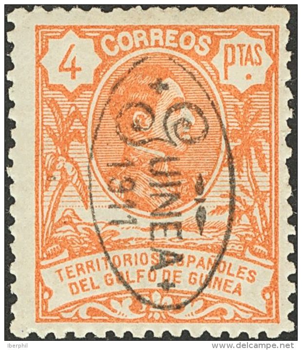 * 83hi 1911. Guinea. 4 Pts Naranja. SOBRECARGA INVERTIDA (Tipo I), En Negro. MAGNIFICO. (Edifil 2012: 74&euro;) - Spanish Guinea