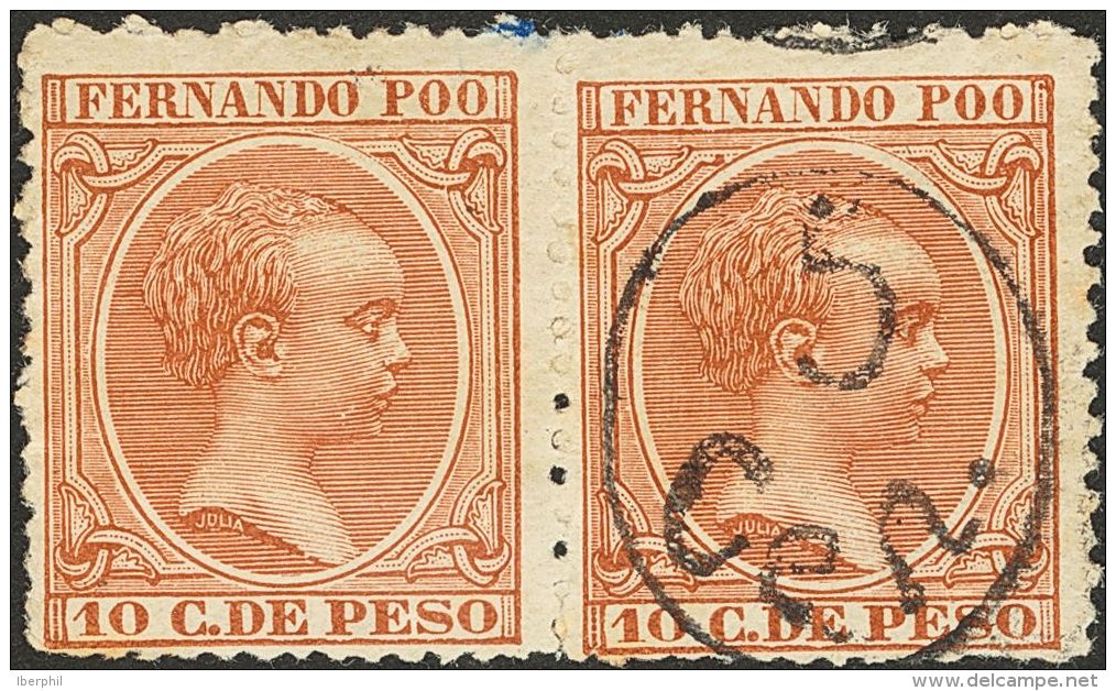 (*) 40F 1896. Fernando Poo. 5 Cts Sobre 10 Ctvos Casta&ntilde;o Amarillo, Pareja. UN SELLO SIN SOBRECARGA. MAGNIFICA Y M - Fernando Poo