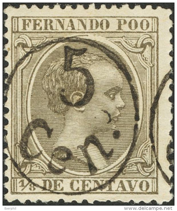 * 40 1896. Fernando Poo. 5 Cts Sobre 1/8 Ctvo Verde Gris. MAGNIFICO. (Edifil 2017: 42&euro;) - Fernando Po