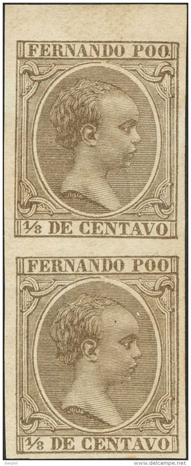 * 12s(2) 1894. Fernando Poo. 1/8 Ctvo Verde Gris, Pareja Vertical, Borde De Hoja. SIN DENTAR. MAGNIFICA Y RARA. (Edifil - Fernando Po