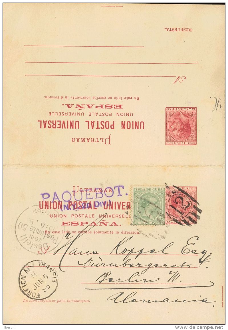 Sobre EP13 1895. Cuba. Entero Postal. 2 Ctvos + 2 Ctvos Carm&iacute;n Sobre Tarjeta Entero Postal Franqueada A La Ida De - Cuba (1874-1898)