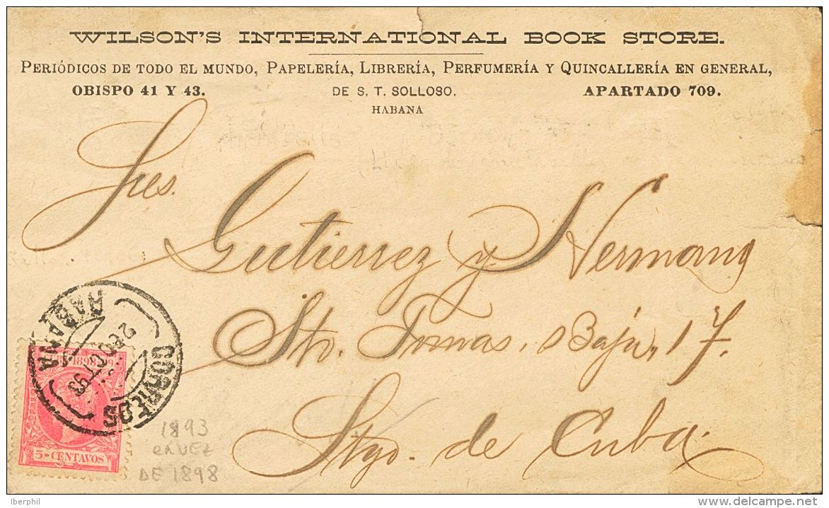 Sobre 163 1898. Cuba. 5 Ctvos Rosa. LA HABANA A SANTIAGO DE CUBA. Matasello CORREOS / HABANA (con Error "93" En Lugar De - Cuba (1874-1898)