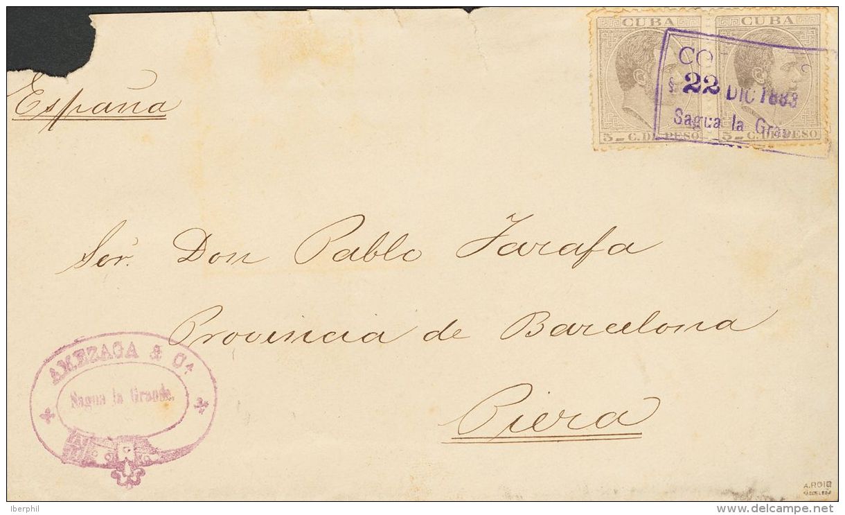 Sobre 100(2) 1883. Cuba. 5 Cts Gris, Dos Sellos. Frontal De SAGUA LA GRANDE A PIERA (ESPA&Ntilde;A). Matasello CORREOS / - Cuba (1874-1898)