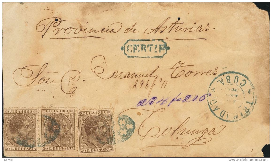 Sobre 60(3) 1880. Cuba. 50 Cts Casta&ntilde;o, Pareja Y Un Sello. Certificado De TRINIDAD (CUBA) A COLUNGA (ASTURIAS). E - Cuba (1874-1898)