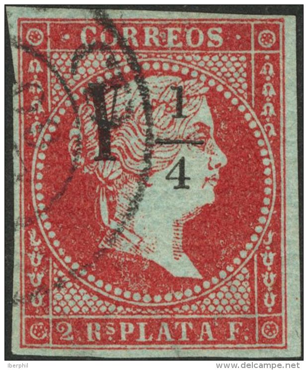 &ordm; 4 1855. Cuba. 2 Reales Rojo Anaranjado. Sobrecarga Y&frac14; (Tipo II). MAGNIFICO Y RARO USO TAN TARDIO, EN EL FE - Cuba (1874-1898)