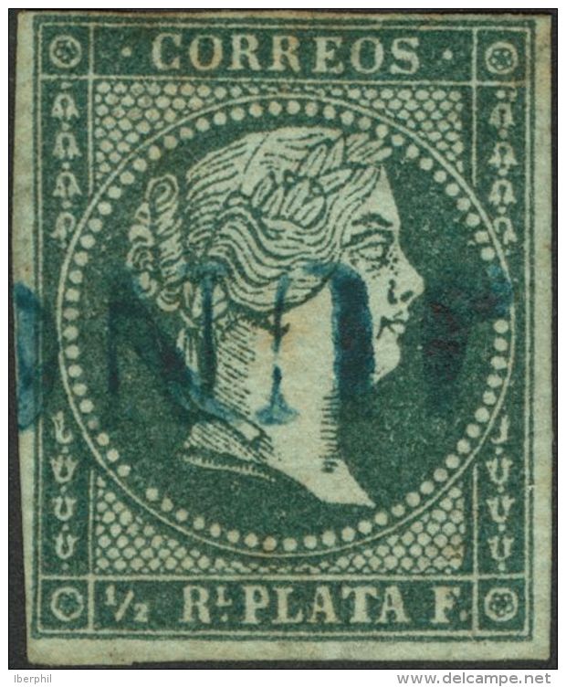 &ordm; Ant.1 1855. Cuba. &frac12; Real Verde. Matasello Prefilat&eacute;lico JUNCOS, En Azul. MAGNIFICO Y EXTRAORDINARIA - Kuba (1874-1898)