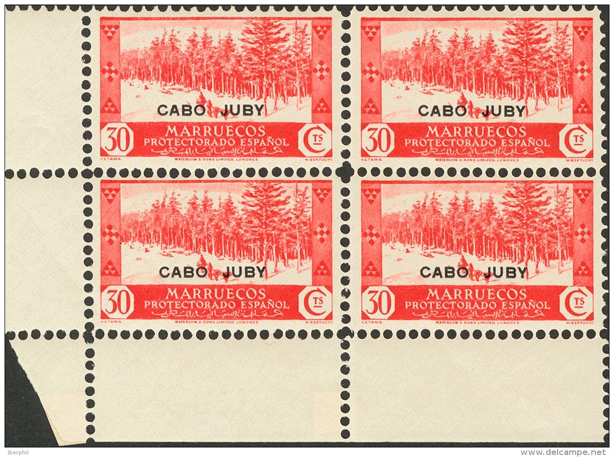 ** 80d(4) 1935. Cabo Juby. 30 Cts Rojo, Bloque De Cuatro, Esquina De Pliego. DENTADO 10. MAGNIFICO Y RARO. (Edifil 2012: - Cabo Juby