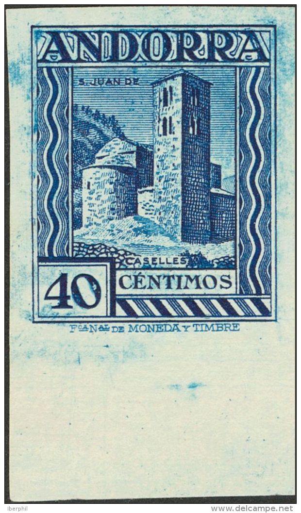 (*) 37s 1935. Andorra. 40 Cts Azul, Borde De Hoja. SIN DENTAR. MAGNIFICO Y MUY RARO. (Edifil 2013: 1600&euro;) - Autres & Non Classés