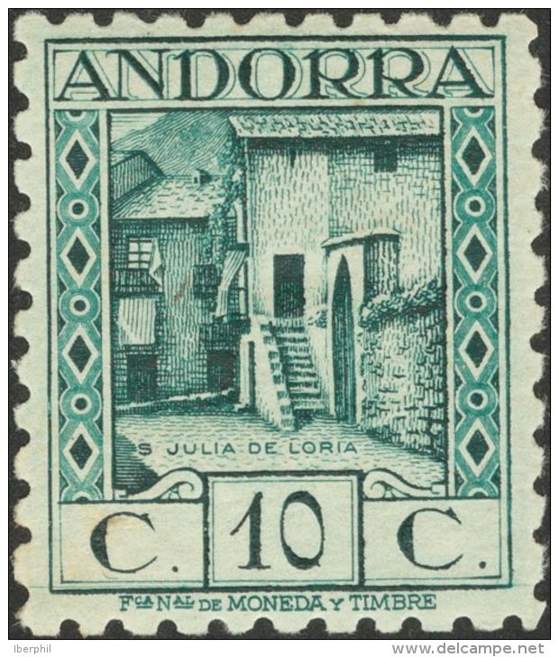 ** 30d 1935. Andorra. 10 Cts Azul Verdoso (manchitas Del Tiempo). DENTADO 10. BONITO Y RARO. (Edifil 2013: 440&euro;) - Autres & Non Classés