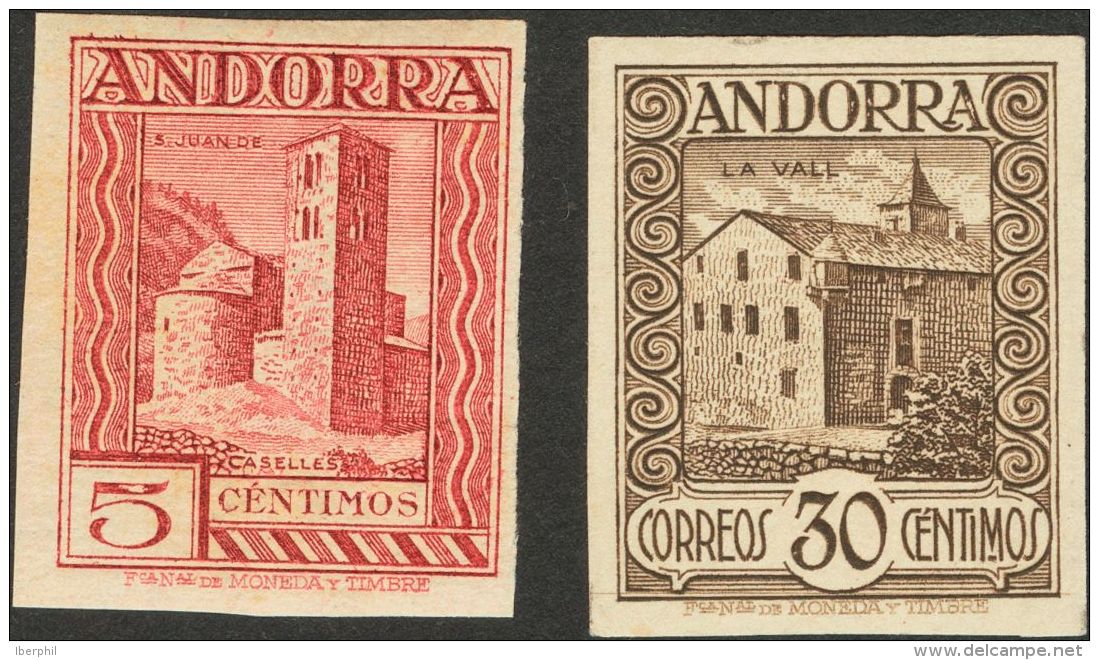 * 29ec, 36ec 1935. Andorra. 5 Cts Lila Carm&iacute;n Y 30 Cts Casta&ntilde;o. CAMBIOS DE COLOR Y SIN DENTAR. MAGNIFICOS - Autres & Non Classés