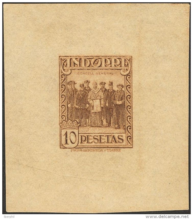 * 26P 1929. Andorra. 10 Pts Casta&ntilde;o. PRUEBA DE PUNZON, Sobre Papel Engomado. MAGNIFICA Y RARA. - Autres & Non Classés