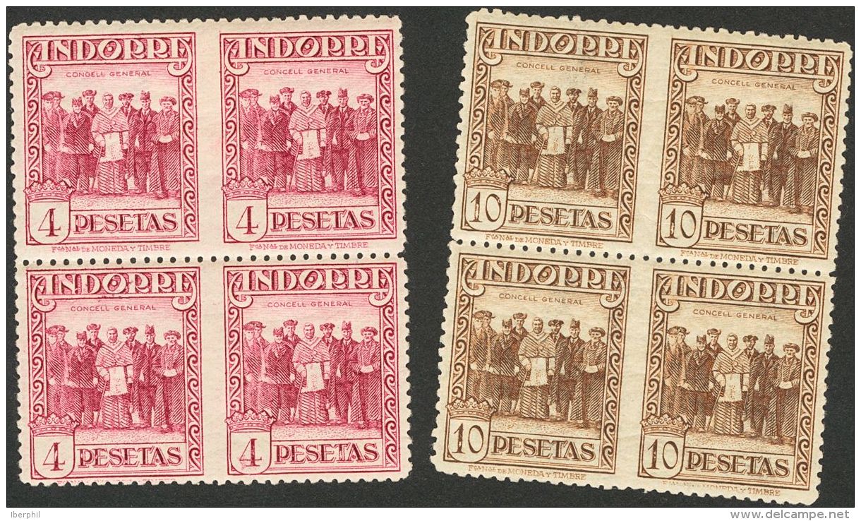 **/* 25sph(2), 26sph(2) 1929. Andorra. 4 Pts Carm&iacute;n Y 10 Pts Casta&ntilde;o, En Bloques De Cuatro. SIN DENTAR ENT - Autres & Non Classés