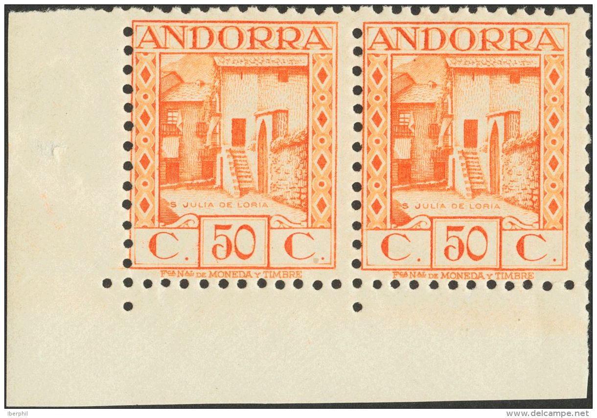 ** 23dN 1931. Andorra. 50 Cts Naranja, Pareja, Esquina De Pliego. N&ordm;A000.000. MAGNIFICA Y RARA. (Edifil 2013: 910&e - Autres & Non Classés