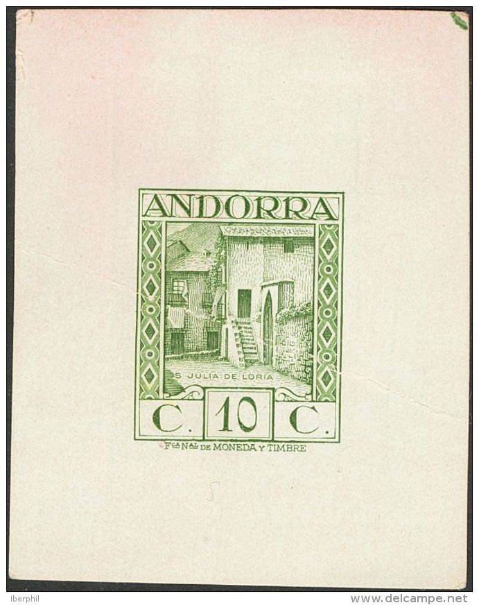 (*) 17P 1929. Andorra. 10 Cts Verde. PRUEBA DE PUNZON. MAGNIFICA Y MUY RARA. - Autres & Non Classés