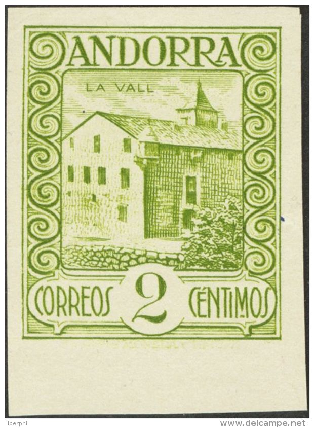 (*) 15sts 1929. Andorra. 2 Cts Verde Oliva, Borde De Hoja. SIN PIE DE IMPRENTA Y SIN DENTAR. MAGNIFICO Y RARO. (Edifil 2 - Autres & Non Classés