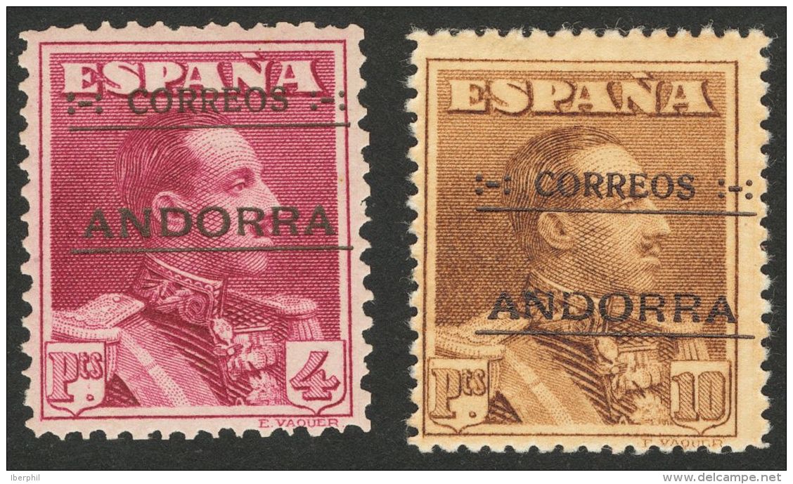 * 11d, 12d 1928. Andorra. 4 Pts Carm&iacute;n Violeta Y 10 Pts Casta&ntilde;o. DENTADO 14. MAGNIFICOS Y RAROS. (Edifil 2 - Autres & Non Classés