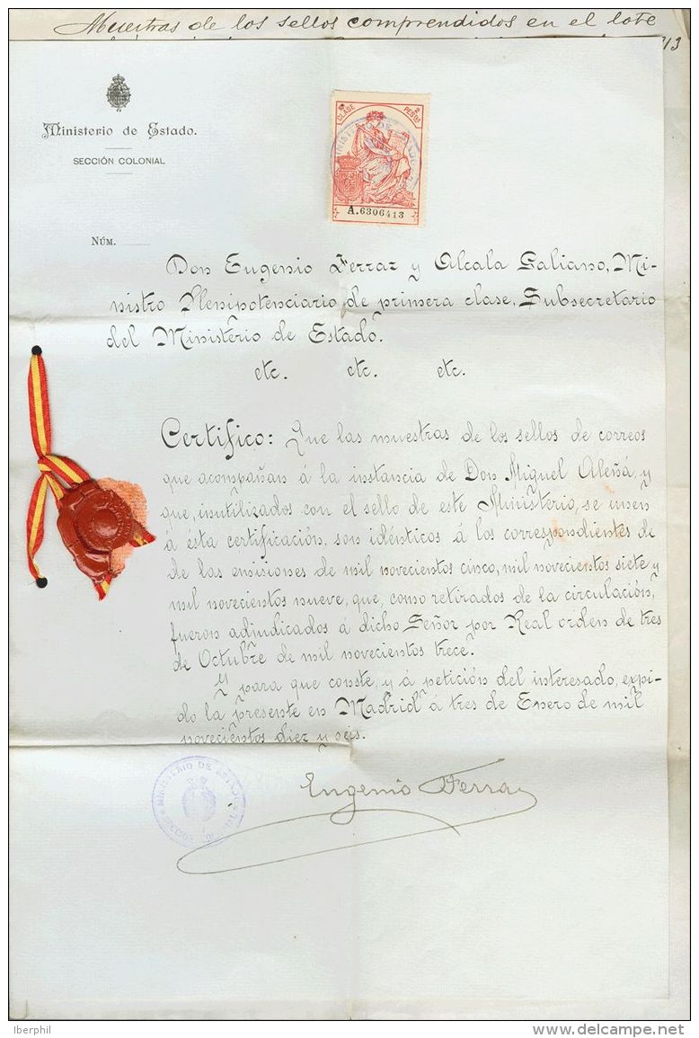 Sobre  1913. Espa&ntilde;a. Fiscal. 2 Pts Carm&iacute;n. Documento Del Ministerio De Estado, Secci&oacute;n Colonial Que - Revenue Stamps