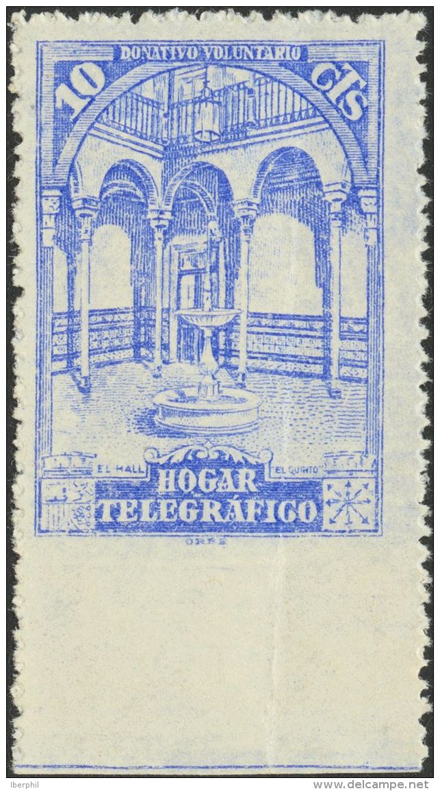 * 10 1934. Tel&eacute;grafos. Beneficencia. 10 Cts Azul (leve Pliegue Vertical). SIN DENTAR EL MARGEN INFERIOR. BONITO Y - Bienfaisance