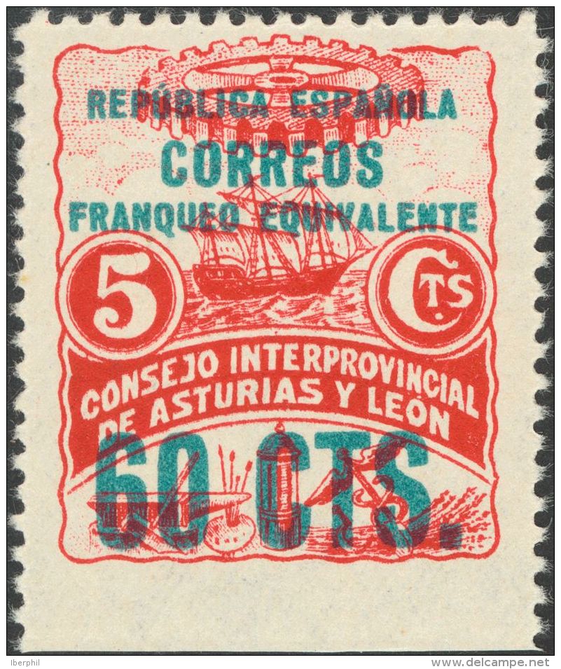 ** 10smz 1937. Asturias Y Le&oacute;n. 60 Cts Sobre 5 Cts Rojo. SIN DENTAR EL MARGEN INFERIOR. A EXAMINAR. (Edifil 2011: - Asturies & Leon