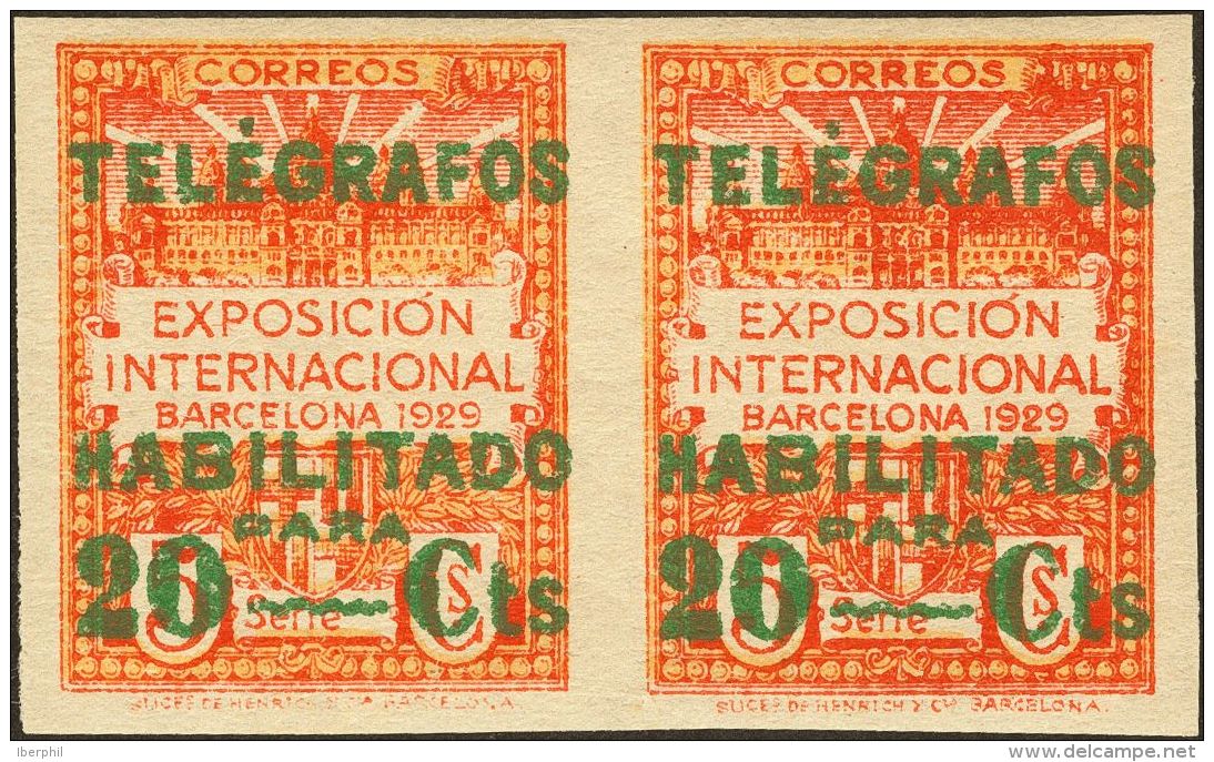 ** 1/3s(2) 1929. Barcelona. Tel&eacute;grafos. Serie Completa, Pareja. SIN DENTAR. MAGNIFICA. (Edifil 2017: 196&euro;) - Barcelona