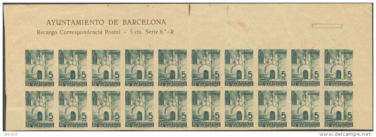 (*) 20s(20) 1938. Barcelona. 5 Cts Azul, Bloque De Veinte (algunos Dobleces Propios De Bloques De Este Tama&ntilde;o). S - Barcelona