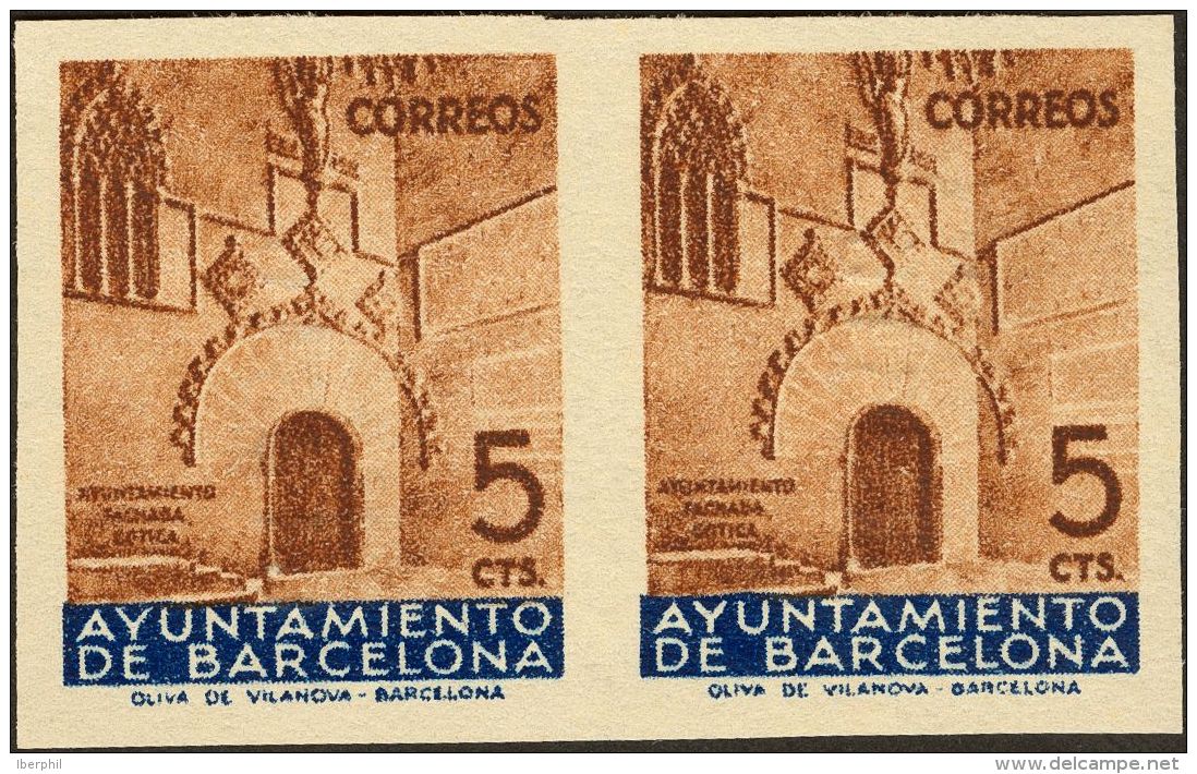 (*) 13s(2) 1936. Barcelona. 5 Cts Casta&ntilde;o Y Azul, Pareja. SIN DENTAR. MAGNIFICO. (Edifil 2017: 51&euro;) - Barcelona