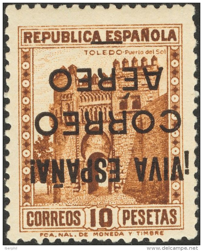 ** 80hi 1937. Emisiones Locales Patri&oacute;ticas. Burgos. 10 Pts Casta&ntilde;o. SOBRECARGA INVERTIDA. MAGNIFICO. (Edi - Nationalist Issues