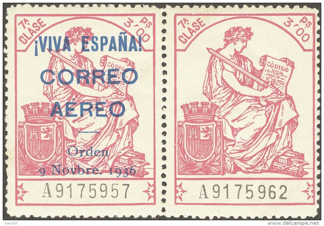 * 21/22 1936. Emisiones Locales Patri&oacute;ticas. Burgos. 1'50 Pts Azul Y 3 Pts Rosa, En Parejas. Un Sello SIN SOBRECA - Nationalist Issues