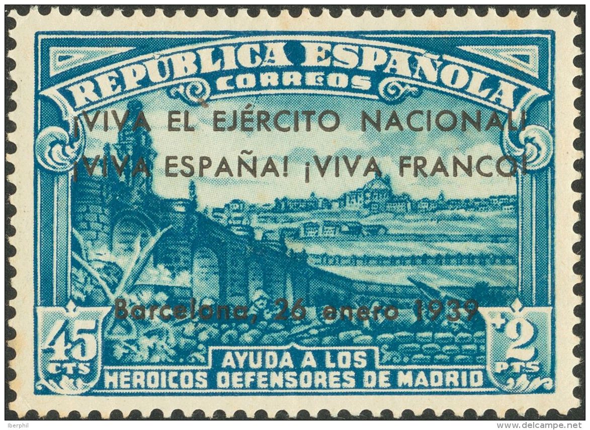 * 23 1939. Emisiones Locales Patri&oacute;ticas. Barcelona. 45 Cts+2 Pts Azul. MAGNIFICO Y MUY RARO. - Emissions Nationalistes