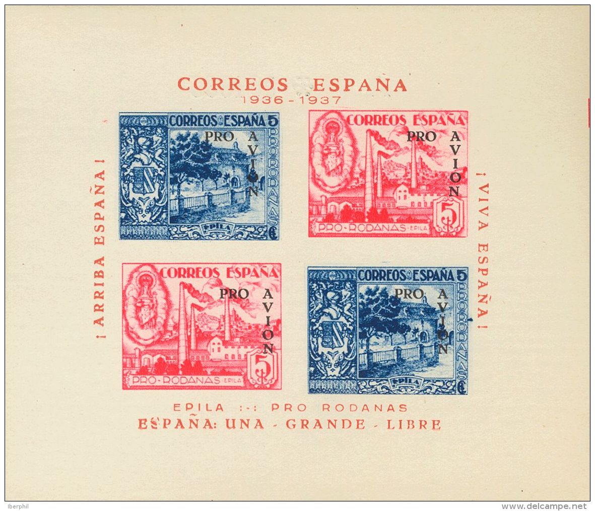 **  1937. Espa&ntilde;a. Locales. Hoja Bloque EPILA 5 Cts Azul + 5 Cts Rosa PRO AVION, En Negro. MAGNIFICA. (Fesofi 11). - Spanish Civil War Labels