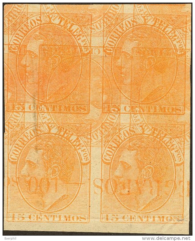 (*) 210(4) 1882. Espa&ntilde;a. 15 Cts. Naranja, Bloque De Cuatro. MACULATURA, Sobre Papel Blanco Y SIN DENTAR. MAGNIFIC - Other & Unclassified