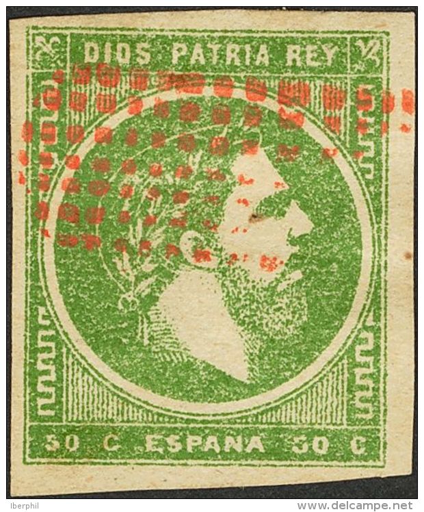 &ordm; 160 1875. Espa&ntilde;a. 50 Cts Verde. Matasello PARRILLA DE LASTAOLA, En Rojo. MAGNIFICO Y RARISIMO. - Carlists