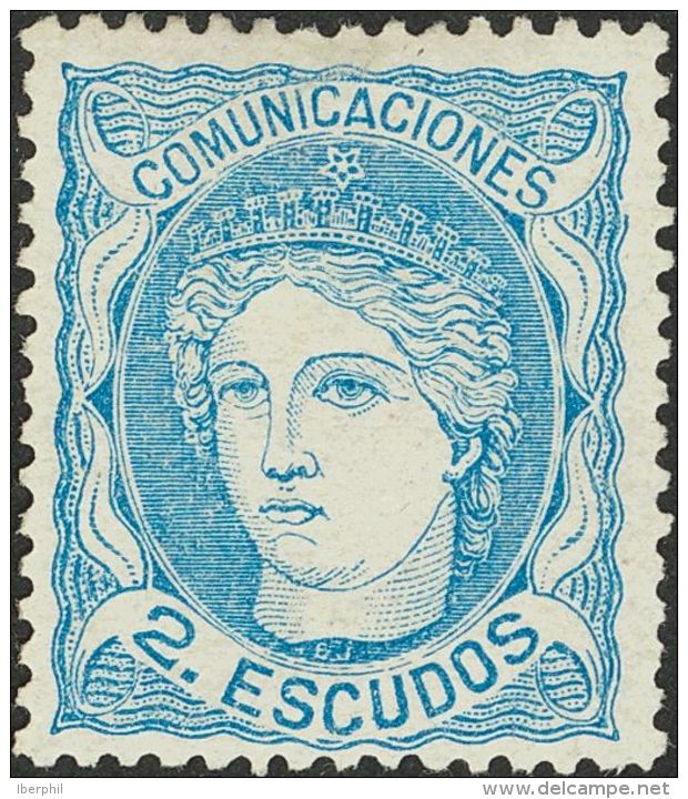 (*) 112 1870. Espa&ntilde;a. 2 Escudos Azul. Muy Bien Centrado Y Color Intenso. PIEZA DE LUJO. Cert. CEM. (Edifil 2017: - Otros & Sin Clasificación