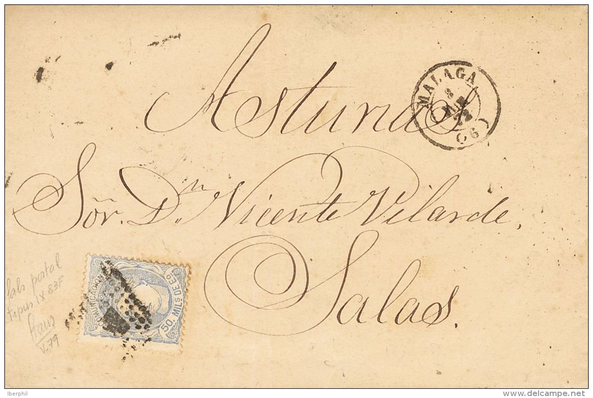 Sobre 107F 1872. Espa&ntilde;a. Falso Postal. 50 Mils Ultramar FALSO POSTAL TIPO IX. MALAGA A SALAS. MAGNIFICA. - Autres & Non Classés