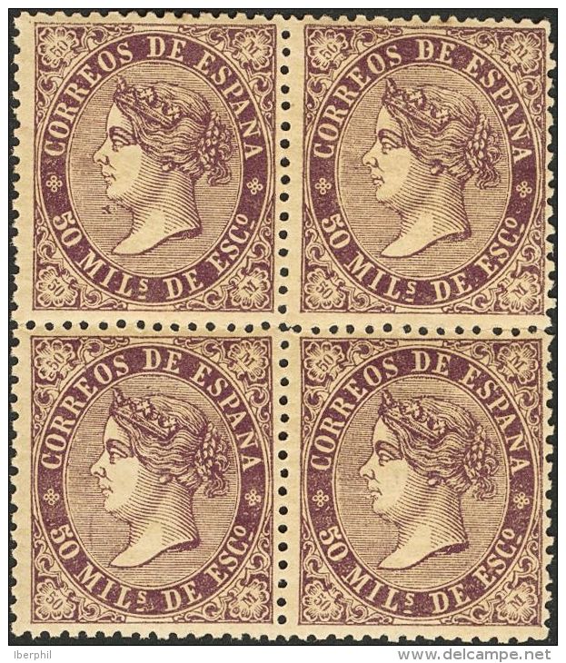 * 98(4) 1867. Espa&ntilde;a. 50 Mils Violeta, Bloque De Cuatro. MAGNIFICO. (Edifil 2014: 215&euro;) - Autres & Non Classés