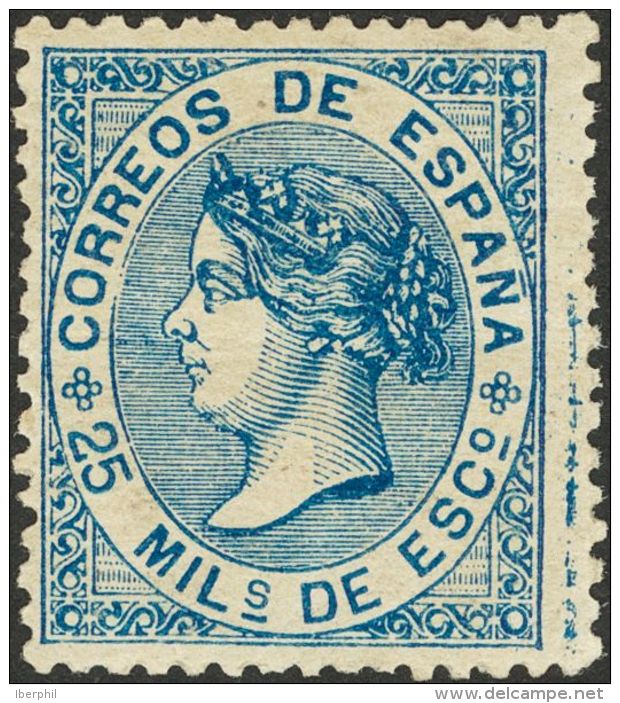 * 97 1868. Espa&ntilde;a. 25 Mils Azul. Color Intenso. MAGNIFICO. Cert. GRAUS. (Edifil 2017: 385&euro;) - Autres & Non Classés