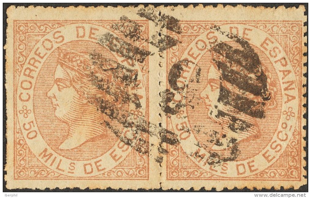 &ordm; 96F(2) 1867. Espa&ntilde;a. Falso Postal. 50 Mils Casta&ntilde;o Claro FALSO POSTAL TIPO III, Pareja. Matasello P - Otros & Sin Clasificación