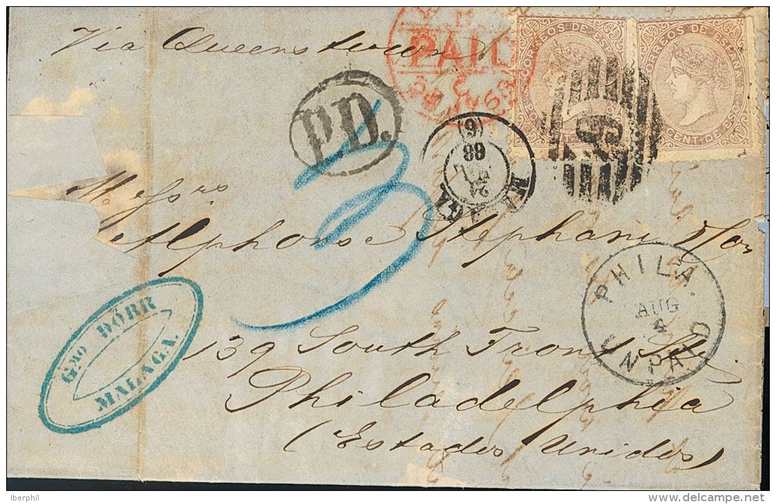 Sobre 92(2) 1868. Espa&ntilde;a. 20 Cts Lila, Dos Sellos. MALAGA A PHILADELFIA (U.S.A.). Franqueo De Porte Simple Por La - Otros & Sin Clasificación