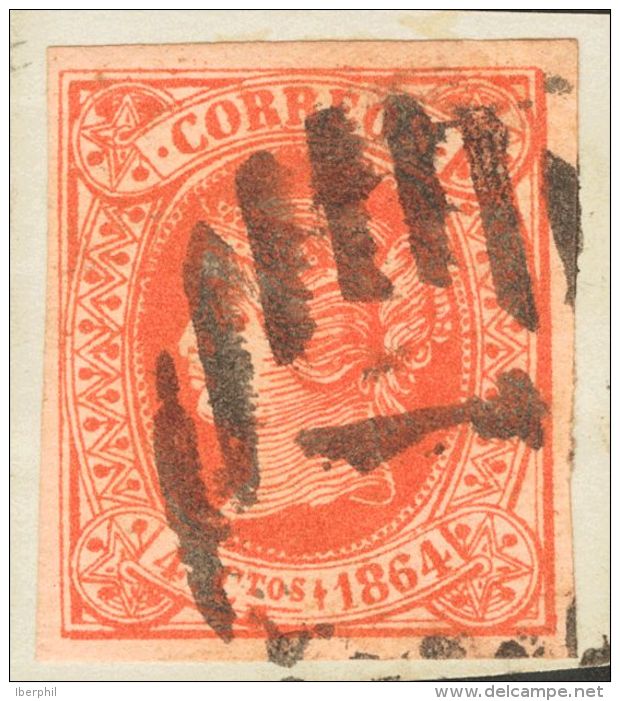 &ordm; 64F 1864. Espa&ntilde;a. Falso Postal. 4 Cuartos Rojo FALSO POSTAL TIPO UNICO. Matasello PARRILLA CON N&ordm;1. M - Autres & Non Classés