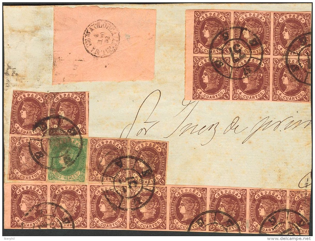 Fragmento 58(19), 62 1862. Espa&ntilde;a. 4 Cuartos Casta&ntilde;o, Bloque De Diecinueve (un Sello Defectuoso), 2 Reales - Autres & Non Classés