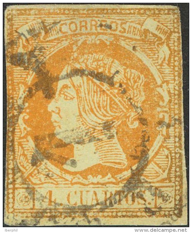 &ordm; 52F 1860. Espa&ntilde;a. Falso Postal. 4 Cuartos Naranja FALSO POSTAL TIPO XV. Matasello R.CARRETA N&ordm;1, De M - Autres & Non Classés