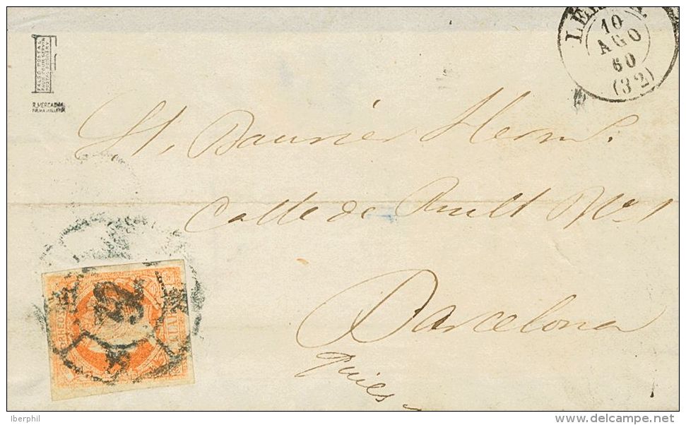 Sobre 52F 1860. Espa&ntilde;a. Falso Postal. 4 Cuartos Naranja FALSO POSTAL TIPO VII (conocido Como El "falso De L&eacut - Autres & Non Classés