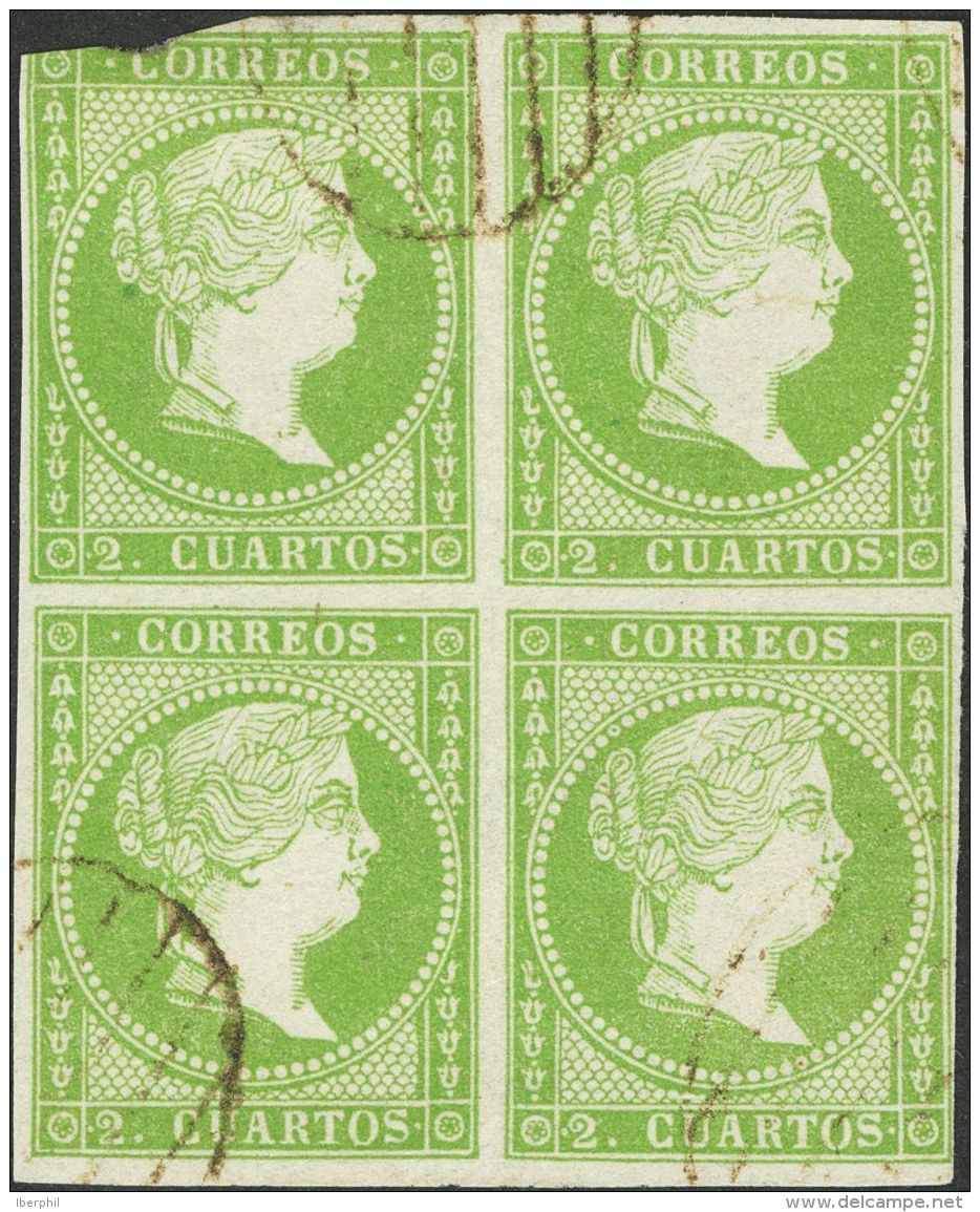 &ordm; 47(4) 1855. Espa&ntilde;a. 2 Cuartos Verde, Bloque De Cuatro (el Sello Superior Izquierdo Presenta Un Corte). BON - Autres & Non Classés