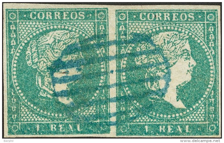 &ordm; 45(2) 1856. Espa&ntilde;a. 1 Real Azul, Pareja. Matasello PARRILLA, En Azul. MAGNIFICA Y RARA. (Edifil 2014: 660& - Autres & Non Classés