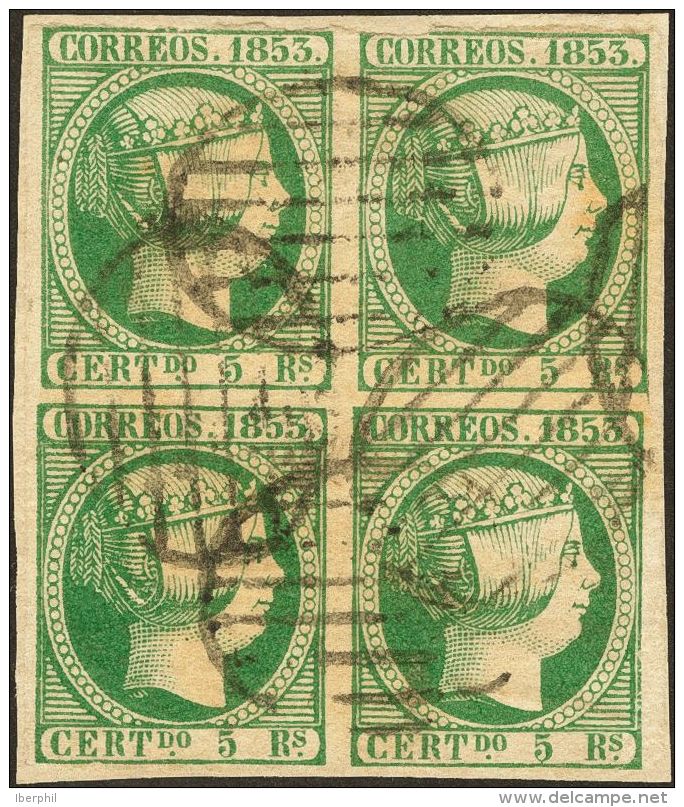 Fragmento 20(4) 1853. Espa&ntilde;a. 5 Reales Verde, Bloque De Cuatro, Sobre Fragmento. Margen Superior Justo. BONITO. ( - Otros & Sin Clasificación