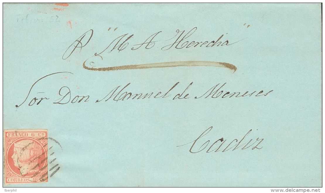 Sobre 12 1852. Espa&ntilde;a. 6 Cuartos Rosa. Dirigida A CADIZ. En El Frente Manuscrito "Vapor Heredia". MAGNIFICA Y RAR - Autres & Non Classés