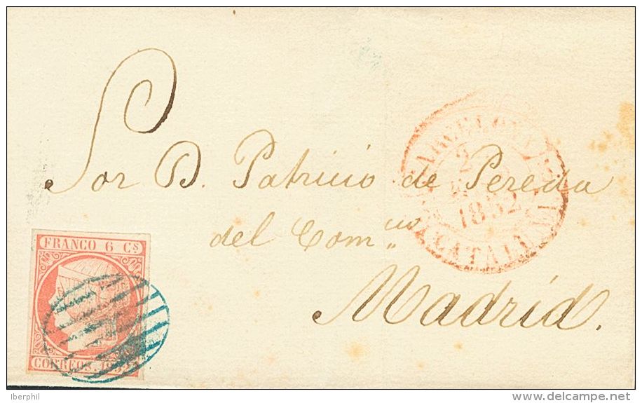 Sobre 12 1852. Espa&ntilde;a. 6 Cuartos Rosa. BARCELONA A MADRID. Matasello PARRILLA, En Azul. MAGNIFICA. - Other & Unclassified