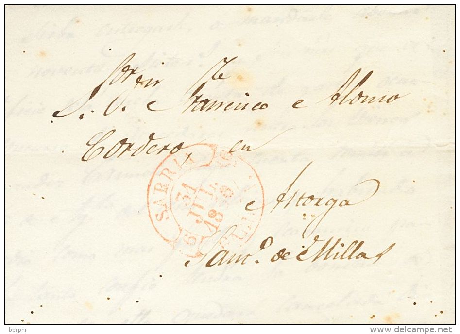 Sobre  1850. Prefilatelia. Galicia. SARRIA A SANTIAGO MILLAS. Baeza SARRIA / GALICIA, En Rojo. MAGNIFICA Y RARA. - ...-1850 Prephilately